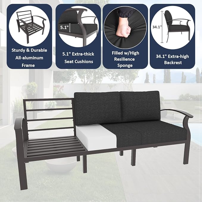 ALAULM Aluminum Patio Furniture Set with Propane Fire Pit Table 5-seat Metal Outdoor Furniture w/Fire Pit Sectional Sofas w/5.1" Cushions for Patio, Backyard, Poolside-Black