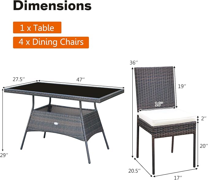 RELAX4LIFE 5-Piece Rattan Dining Set - Outdoor Wicker Table & Chair Set w/Tempered Glass Tabletop, Removable Cushions, Modern Dining Furniture Set for Backyard, Porch