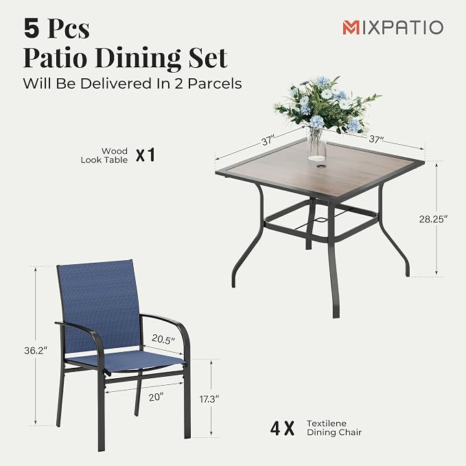 MIXPATIO 5 Pieces Patio Table and Chairs Set, 4 Person Outdoor Dining Furniture Set, 4 Blue Textilene Chairs and 37" Wood-Like Table Top Table with Umbrella Hole, for Deck Backyard Lawn