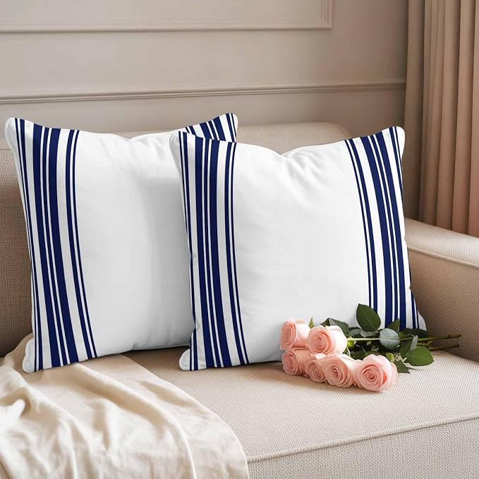 Navy Blue and White Striped Outdoor Pillow Covers Set of 2 Modern Minimalist Vertical Lines Waterproof Throw Pillow Cover Decorative Cushion Cases for Patio Porch Garden 18X18 Inch