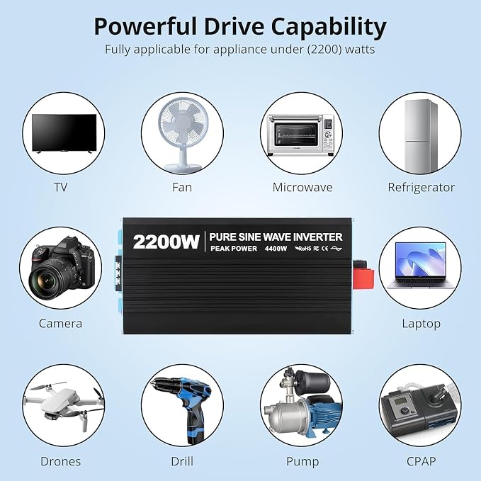 Power Inverter 2200 Watt Pure Sine Wave 12V DC to 110V/120V AC 4400W Peak Converter for Family RV Off Grid Solar System with 2 AC Outlets LCD Display Remote Control and 2.4A USB Charging Port
