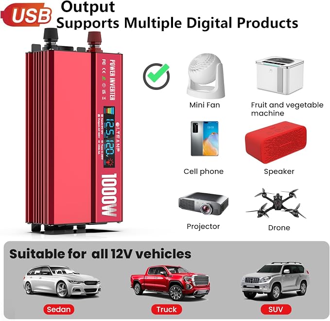 OLTEANP 1000W Power Inverter with LCD Screen Display, 2 AC Outlets, 36W Type-C Port, 5V/3A USB Port, 12V DC to 110V/120V AC Inverter for Truck, Home, Vehicles, Laptop, Trip