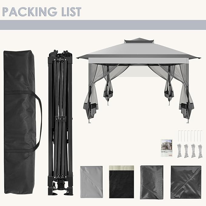 COBIZI 11x11 Pop Up Canopy One-Push Canopy Tent, Carpas para Patio, Outdoor Gazebo Shelter with Double Roof and Mosquito Net of Shade for Lawn, Garden, Backyard and Deck, Gray (Upgraded 2.0)