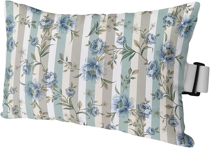 Outdoor Pillows Covers with Inserts Retro Blue White Flowers Grey Stripe Waterproof Recliner Pillow with Adjustable Strap Throw Pillows for Patio Furniture Pool Lounge Chair, 12x20 inch, 1PCS