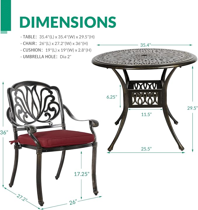 VIVIJASON 5-Piece Outdoor Patio Dining Set, All-Weather Cast Aluminum Conversation Set, Patio Furniture Set for Backyard, Include 4 Cushioned Chairs, a 35.4" Round Table w/Umbrella Hole, Red Cushion