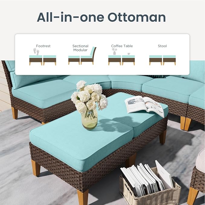 PHI VILLA Wicker Patio Furniture Set with Swivel Chairs, 9 Pieces Half Moon Outdoor Conversations Set, Oversized Rattan Patio Sectional Sofa with Ottoman, Aqua Blue Cushion