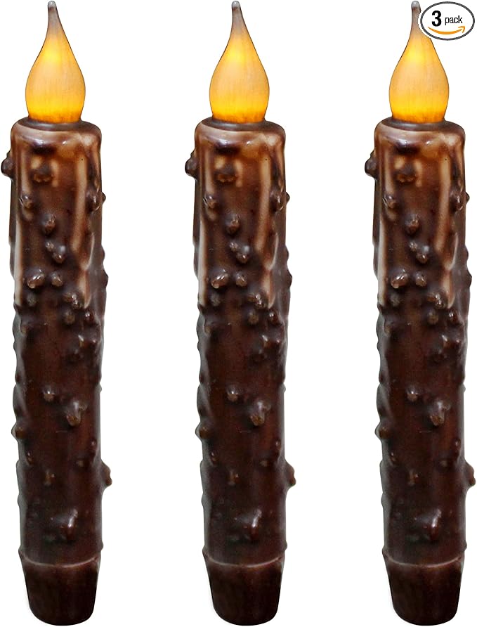 CVHOMEDECO. Real Wax Hand Dipped Battery Operated LED Timer Taper Candles Country Primitive Flameless Lights Décor, 6-3/4 Inch, Brown, 3 PCS in a Package