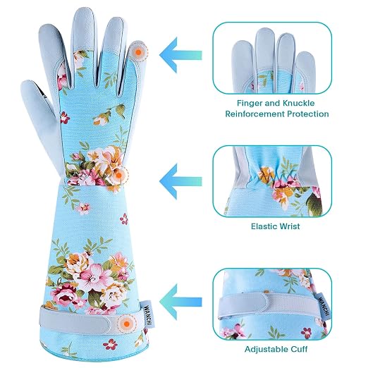 WANCHI Extended Sleeve Garden Gloves for Women, Soft Grip Gardening Gloves, Lightweight Comfort Wear for Planting, Landscaping & Outdoor Tasks, Blue Small