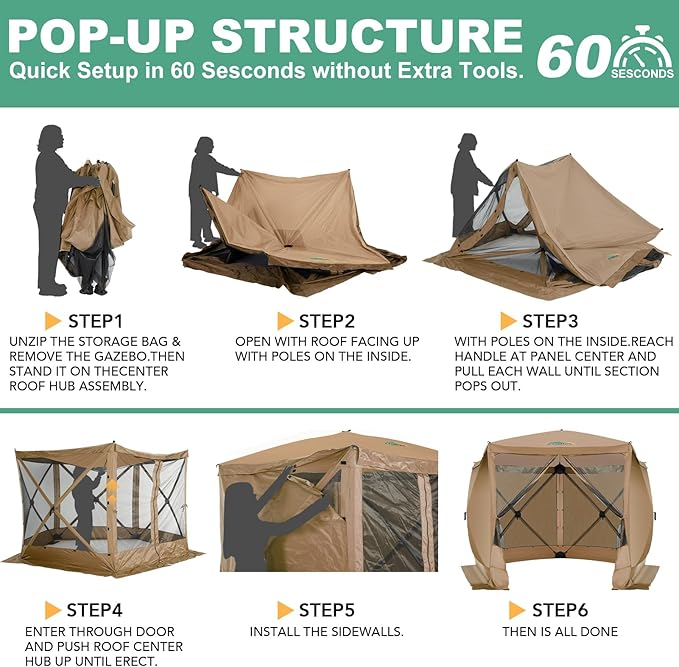 COBIZI 10x10 FT Pop up Gazebo, Popup Canopy tent,Screened In Gazebos with sidewalls, Waterproof Portable Outdoor Small Screen tents Sun Shelter,carpas para patio for Camping, Garden and Backyard,Khaki