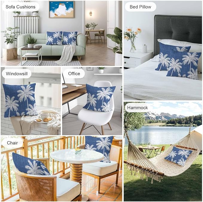 Outdoor Pillow Covers 20x20 Inch Set of 2, Navy Blue Palm Trees Waterproof Throw Pillow Covers, Farmhouse Tropical Summer Beach Decorative Cushion Pillowcases for Couch, Sofa, Bed, Garden, Patio