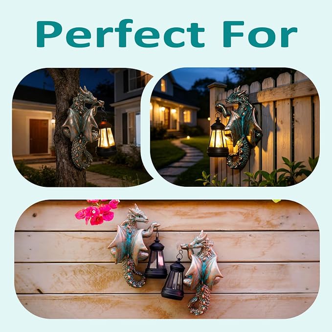 Goodeco Dragon Tree Hugger Garden Statue with Solar Lantern - 2 Pack 9.3 Inch Resin Dragon Decor for Outdoor, Perfect Dragon Gifts & Yard Decor（Bronze, 2-Pack）