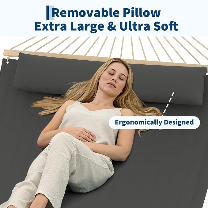 Double Quilted Hammock with Spreader Bar, 12FT, Detachable Pillow, 2-Person | cotton-polyester blend, UV-resistant, quick-dry, 450lbs, for patio/backyard/poolside, Dark Gray
