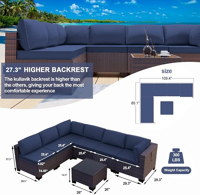 Kullavik 10PCS Outdoor Patio Furniture Set,PE Wicker Rattan Sectional Sofa Patio Conversation Sets with Tempered Glass Table,Swivel Rocking Chairs Set,Navy Blue