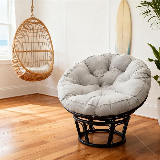 Papasan Cushion, 52 inch Papasan Chair Cushion, Thickened Padded Round Papasan Cushion (Grey) | Thickened Papasan Cushion, Indoor Papasan Chair Cushion (Without Chair), with Ties, Grey