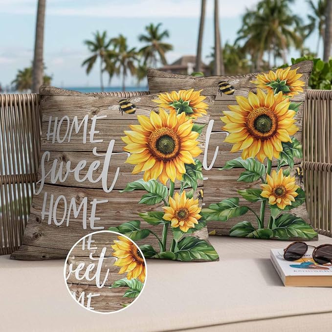 Throw Pillow Covers 18x18 Inch Set of 2, Sunflower Brown Waterproof Outdoor Pillow Covers, Farmhouse Bee Country Wooden Grain Decorative Cushion Pillowcases for Couch, Sofa, Bed, Garden, Patio