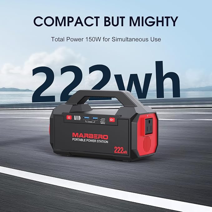 MARBERO Portable Power Station 222Wh Battery Pack 100W (150W Surge) Power Bank Flashlight High Lumens Fast Charging Power Bank with AC Outlet for Outdoor Camping Hurricane Backup Emergencies