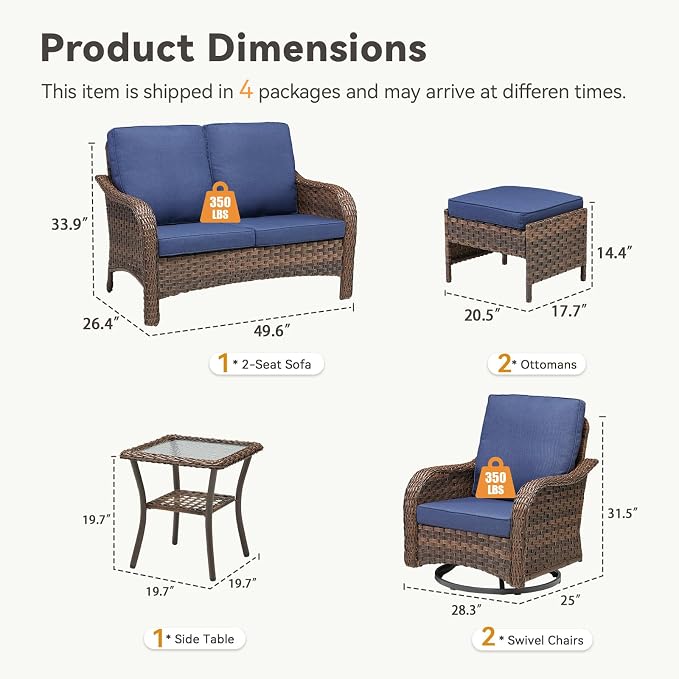 6 PCS Patio Furniture Set, Outdoor Wicker Loveseat & 2 Swivel Rocking Chairs with 2 Ottomans & Side Table, 4-Inch Thick Olefin Cushions, 300 lbs Capacity Rattan Conversation Set for Porch, Blue