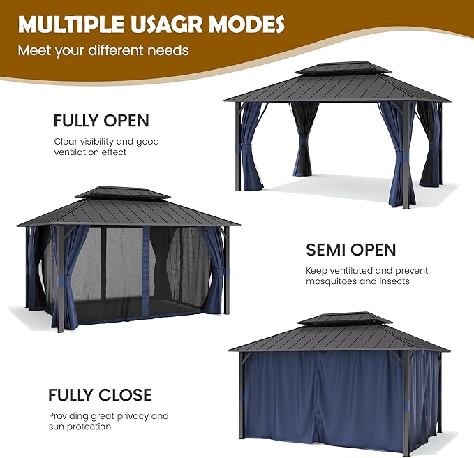UDPATIO 12'x16' Permanent Hardtop Gazebo with Galvanized Steel Double Roof for Patio Backyard Garden, Curtains and Netting Included, Navy Bue