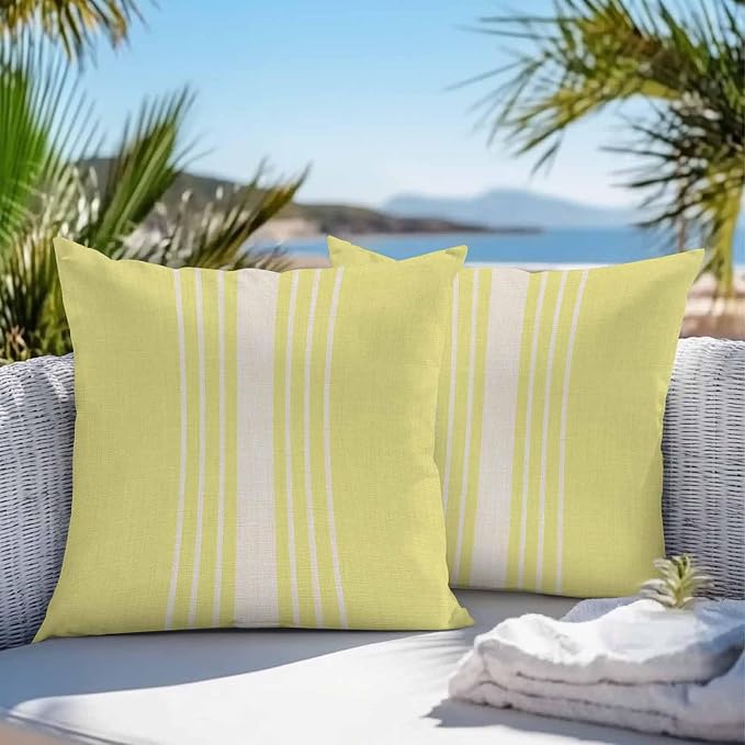 Outdoor Waterproof Pillows Cover Pack of 2 Modern Yellow Striped Burlap Texture Decorative Pillowcases with Zipper Cushion Case for Patio Tent Couch Garden 24 x 24 Inches