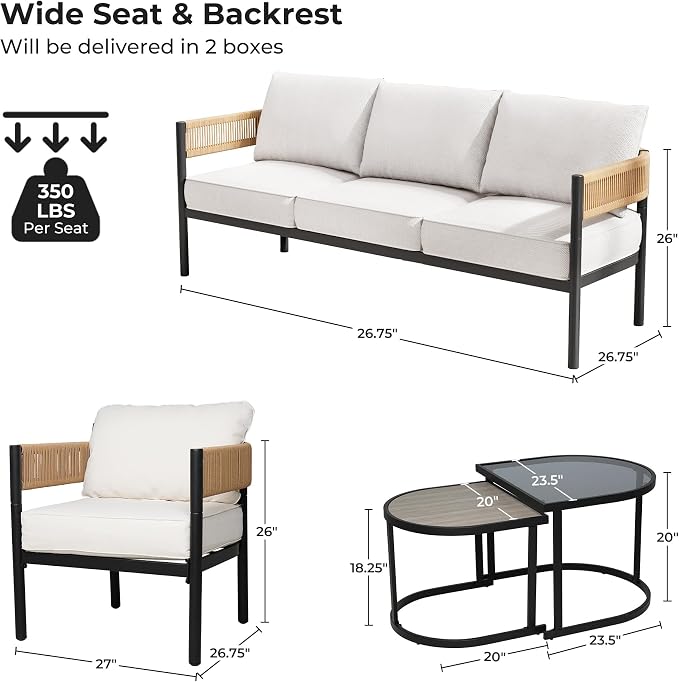 Grand patio 5-Piece Outdoor Furniture Set, 5 Seats Wicker Sofa Conversation Set with 3-Seat Couch, Thick Cushions and Coffee Table, for Backyard, Balcony, Garden (Natural)