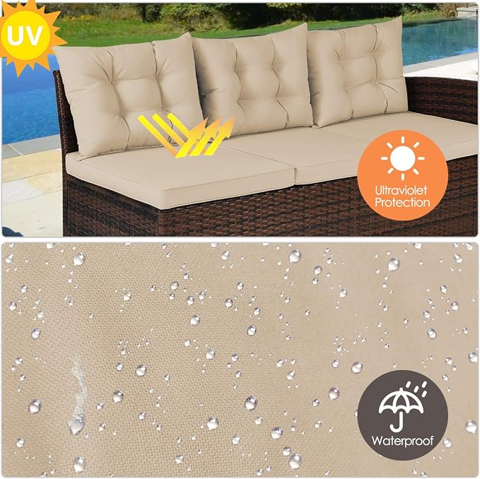 HAPPYGRILL 3-Piece Outdoor Patio Furniture Set Rattan Wicker Sofa Set with Seat & Back Cushions, Manual Weaving Conversation Set with Coffee Table for Patio Garden Backyard