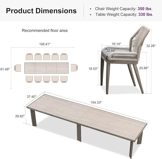 PURPLE LEAF 13 Pieces Patio Dining Set Aluminum Rectangular Table and Wicker Chairs with Cushions for Kitchen Porch Garden Modern Outdoor Furniture Sets, Light Grey