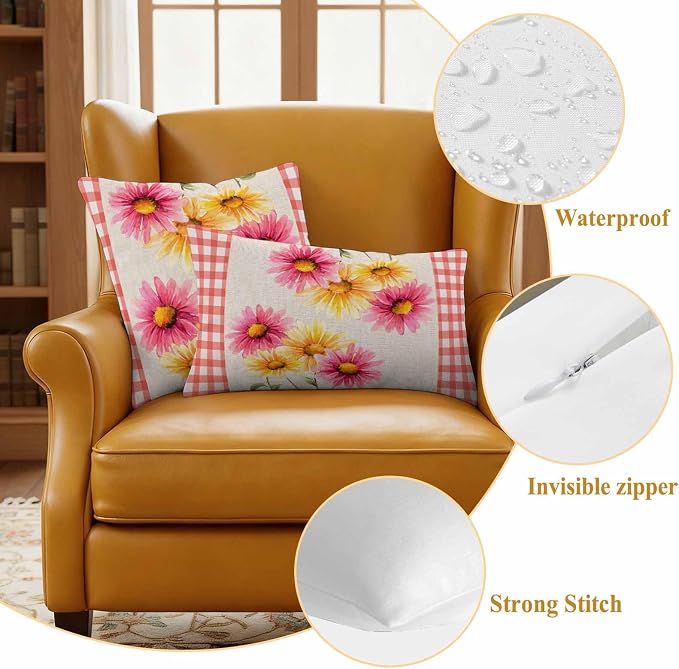 Yellow Pink Daisy Outdoor Pillow Covers 26"x26" Set of 2, Rustic Farmhouse Red Buffalo Plaid Waterproof Throw Pillow Covers for Patio Furniture, Decorative Cushion Covers for Porch