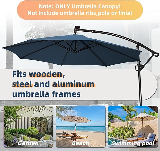 11FT Cantilever Patio Umbrella Replacement Canopy Outdoor Large Round 8 Ribs Length 64" to 66" (Canopy Only) Waterproof & UV