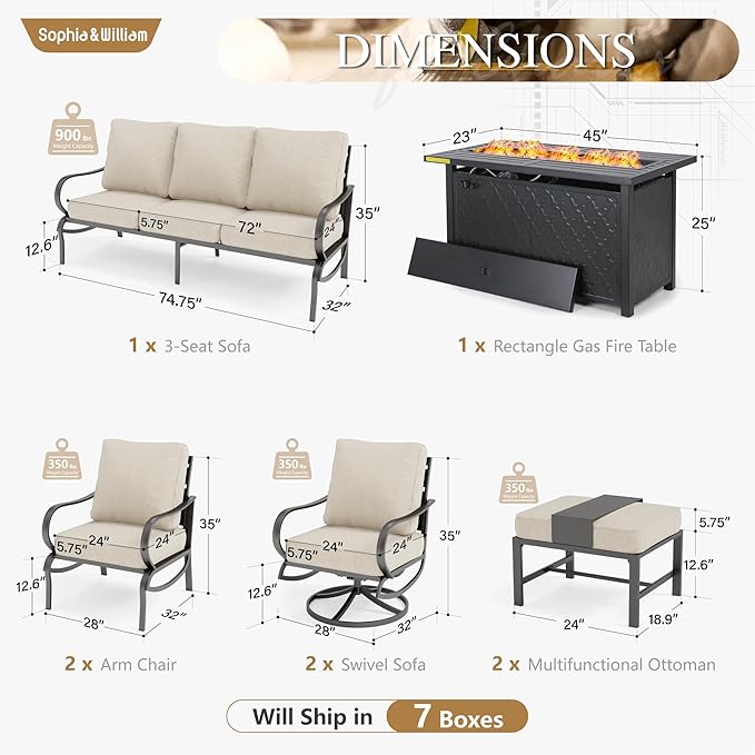 Sophia & William Patio Furniture Sets for 9 with 45" Gas Fire Pit Table Outdoor Conversation Sets 8 Pcs, 2xSofa Chairs, 2xSwivel Cushion Chairs, 1x3-Seat Sofa, 2xOttomans for Porch Poolside Beige