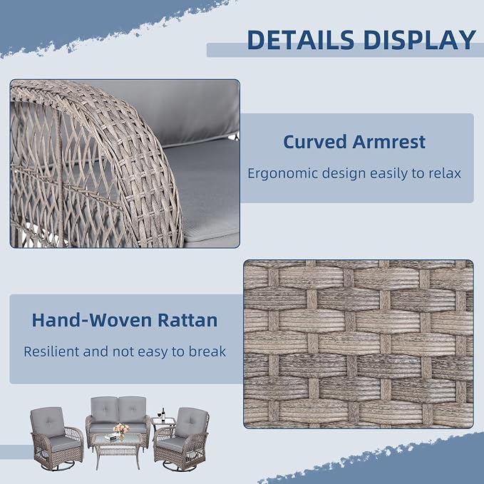 5-Piece Wicker Patio Furniture Sets Outdoor All-Weather Rattan Conversation Set Includes Glider Loveseat, 2 Glass-Top Coffee Tables, 2 Swivel Rocking Chairs for Porch Backyard, Gray