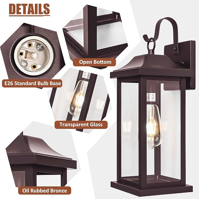 Large Bronze Outdoor Wall Lantern 17 Inch | 1 Pack ETL Listed, Vintage Brown Exterior Light Fixture Waterproof, Farmhouse Outside Wall Sconce Porch Light