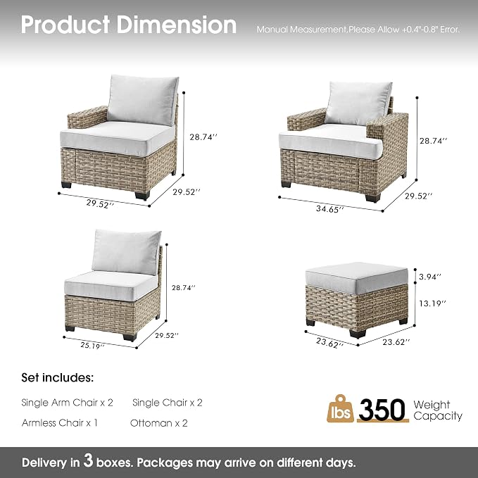 Outdoor Sectional Patio Furniture Set,7 Pieces All Weather Rattan Wicker Conversation Sets,Out Door Furniture with Ottoman Single Chair,Light Grey