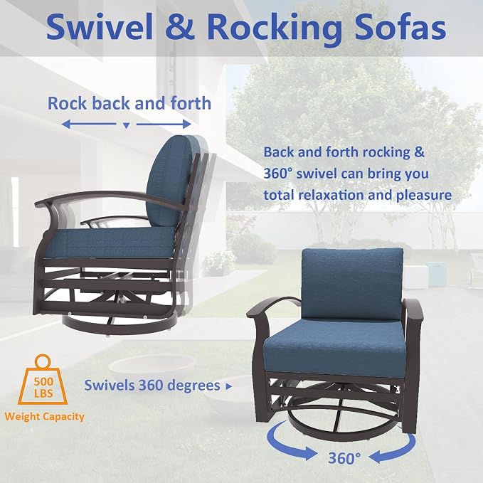 ALAULM Aluminum Patio Furniture Set with Propane Fire Pit Table 9-seat Metal Outdoor Furniture w/Swivel Chairs Patio Sectional Sofas w/2 Ottomans for Porch, Backyard, Poolside-Dark Blue