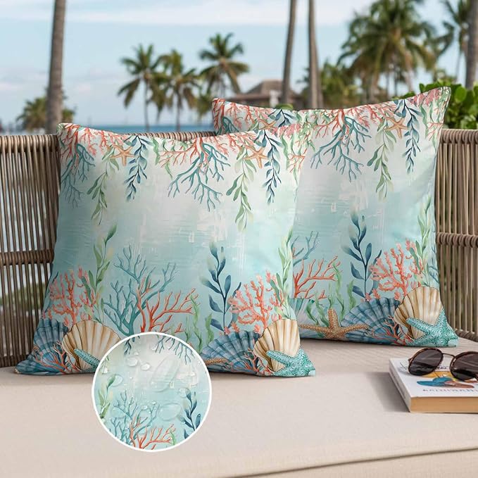 Throw Pillow Covers 24x24 Inch Set of 2, Ocean Starfish Seaweed Waterproof Outdoor Pillow Covers, Summer Coastal Beach Shell Coral Teal Decorative Cushion Pillowcases for Couch, Sofa, Bed, Patio