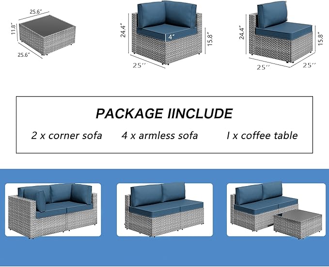 7 Piece Outdoor Patio Furniture Set,Silver PE Rattan Wicker Sectional Sofa, All Weather Conversation Set with Washable Cushions & Glass Coffee Table for Backyard Poolside Garden Porch,Navy Blue