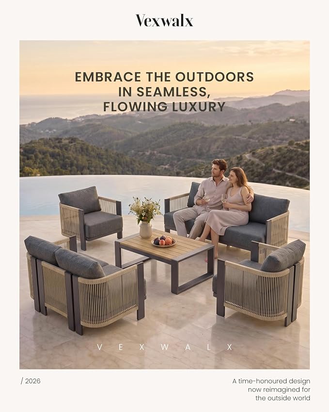 Vexwalx Luxury Patio Furniture Set, 4-Piece Curved Outdoor Furnitrue Set with Weather-Resistant Aluminum Frame and 7.1" Thicker Cushion, Woven Rope Patio Conversation Set for Deck, Garden
