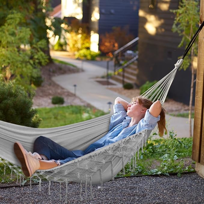 MOSFiATA Backyard Hammock with Tassels Max 500lbs Canvas Fabric Bohemian Style with Thickened Rope and Carry Bag for Outdoor, Garden, Patio, Wedding Decor (Gray)