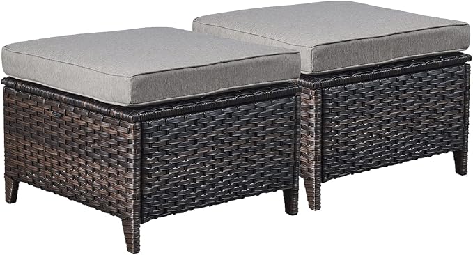 Rilyson Luxury Outdoor Wicker Patio Ottomans Set of 2, 250 lbs Capacity Rattan Large Ottomans for Patio Footrest Set 22.8in*22.8in*14in with 3.5in Thick Cushion (Brown/Grey)