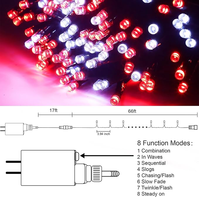 HOME LIGHTING 66ft Valentines Decorative Mini Lights, 200 LED Green Wire Fairy String Lights Plug in, 8 Lighting Mode, for Indoor Outdoor Christmas Tree Wedding Party Garden Decor (Red & White)