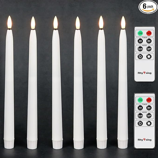 Rhytsing 11 inches White Flameless Taper Candles with Timer, Battery Operated Led Candle Sticks Real Wax Finished for Home Decor, 2 Remotes Included - Set of 6