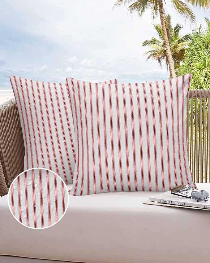 Outdoor Waterproof Throw Pillow Covers Set of 2 Red Stripes Pillowcases 20x20 Inches Red Beige Vertical Striped Patio Decorative Pillows Cushion Case Patio Pillows for Couch Bed Chair Garden