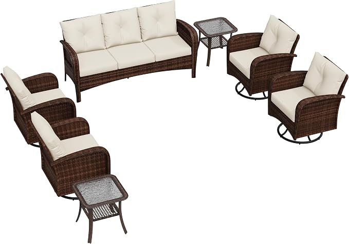 7 Pieces Patio Set, 73" PE Rattan Sofa, Coffee Table, Wicker Swivel Glider Chairs, Outdoor Conversation Furniture with Removble Cushion, Loveseat Couch for Porch, Deck, Lawn (Beige)