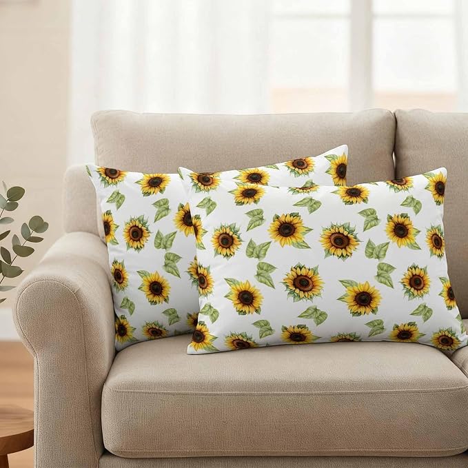 Sunflower Waterproof Outdoor Pillow Covers Set of 2 Home Decor, Yellow Green Botanical Farm Plant Leaves Pillowcase Patio Pillow Covers for Couch Bench Furniture Garden 20x12in