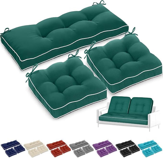 Wenqik 44 x 19 x 4 Inch Outdoor Bench Cushion Set of 3 Waterproof Tufted 1 Patio Loveseat Cushions and 2 Square Chair Seat Pad for Outdoor Furniture Couch Swing Sofa Wicker Settee(Green)