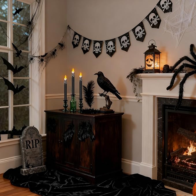 wemarry Flameless Taper Candles 10.6" Dripless Battery Operated Taper Candles Included Remote Timer 400+ Hours by 2AA Batteries for Halloween Christmas Wedding (Black+White, 24 Pack)