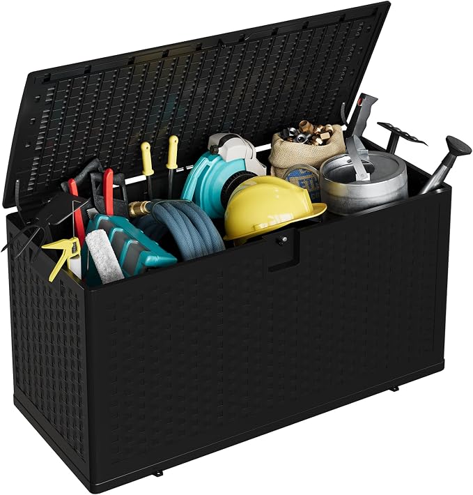 Patikuin Spacious 73 Gallon Outdoor Storage Deck Box – Waterproof, Lockable Resin Bench Organizer – Imitation Rattan for Patio Cushions, Garden, Pool, Package Delivery – Color: Black - 1 – Specs: