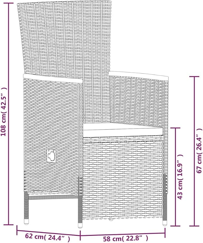 7 Piece Patio Dining Set, Outdoor PE Rattan Dining Table and 6 Reclining Chairs with Cushions, Glass Top Backyard Garden Furniture Set for Outside Dining