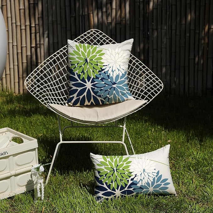 DFXSZ Pack of 2 Outdoor Waterproof Throw Pillow Covers 12x20 Green Blue | Polyester Colorful Spring Summer Floral Decorative Cushion Cases(NO INSERT),For Couch Patio Funiture Garden Home Decor