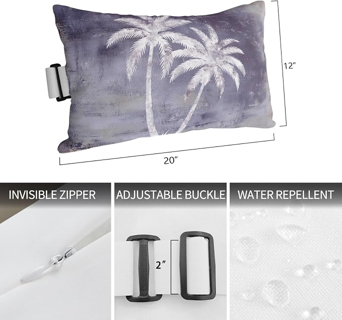 Palm Trees Tropical Outdoor Pillows for Chaise Lounge Chair Beach Headrest Pillow Set of 2 Waterproof Lumbar Pillows with Insert&Strap Shabby Purple Summer Coastal Recliner Pool Pillow 12"x20"