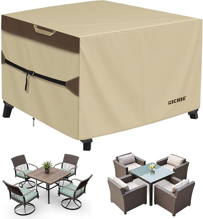 RICHIE Outdoor Patio Furniture Cover - Heavy Duty Waterproof 600D Tough Canvas Protector for Square Table Cover, All-Season Dining Table and Chair Cover (106L x 106W x 28H Inch)